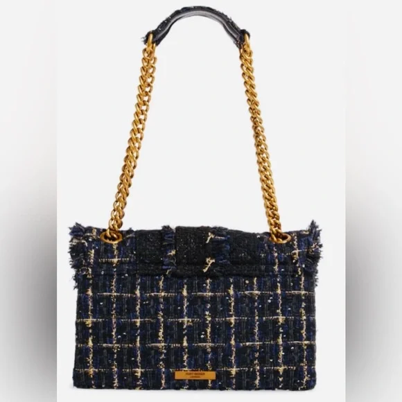 KURT GEIGER NAVY & BLACK EMBELLISHED with Gold Accent Tweed Handbag - Gold Chain - Picture 14 of 16